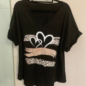 Shein Curve XL Black animal print Heart T-Shirt Top